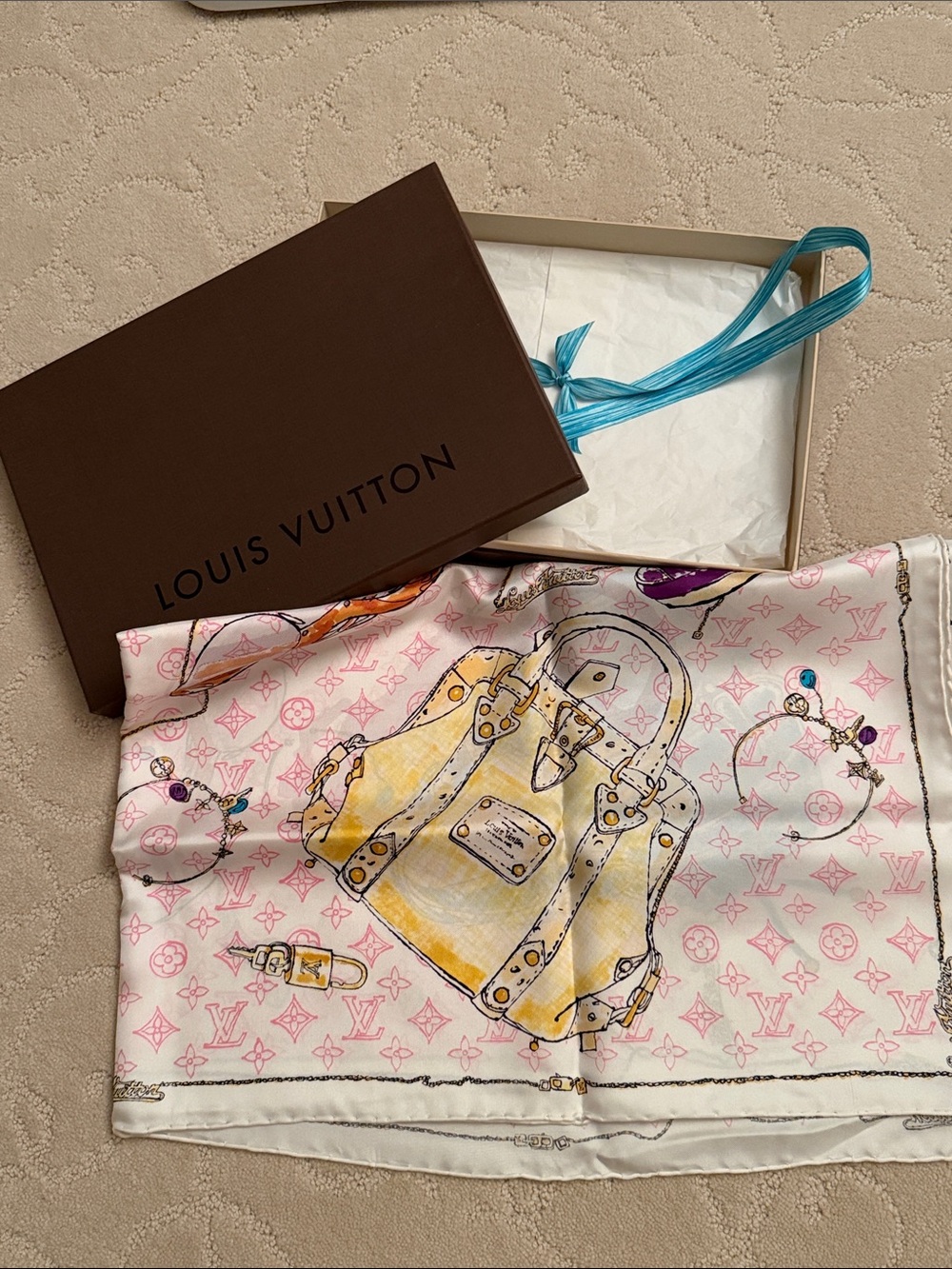 Louis Vuitton Pink, Yellow & Teal Silk Scarf with Handbag Motif